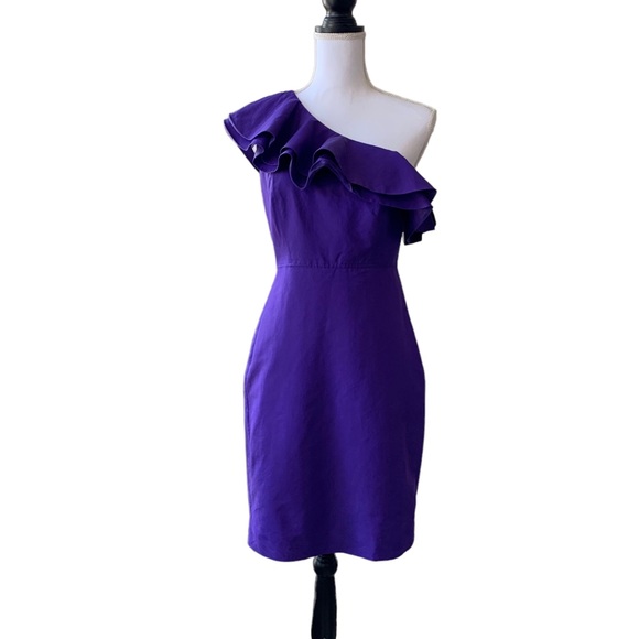 J CREW FAILLE ONE SHOULDER RUFFLE COCKTAIL DRESS IN ATLAS PURPLE - Picture 7 of 16